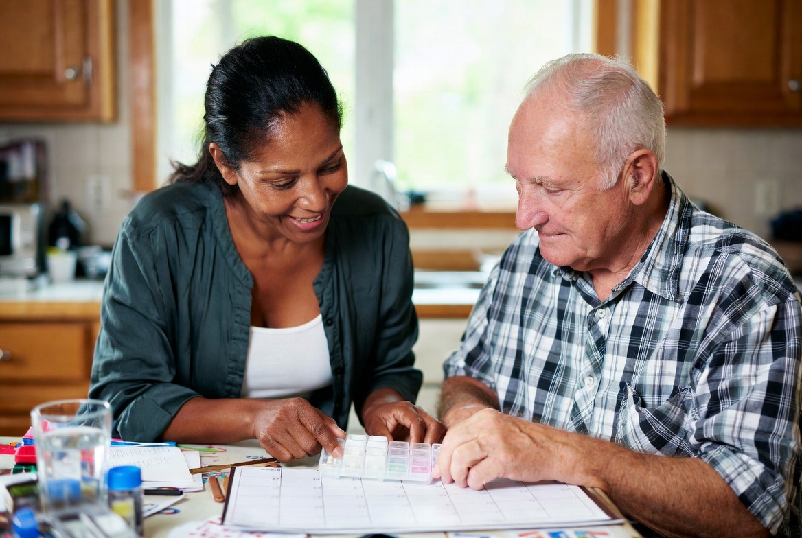 Caregiver going over a care plan with a senior man at a kitchen table