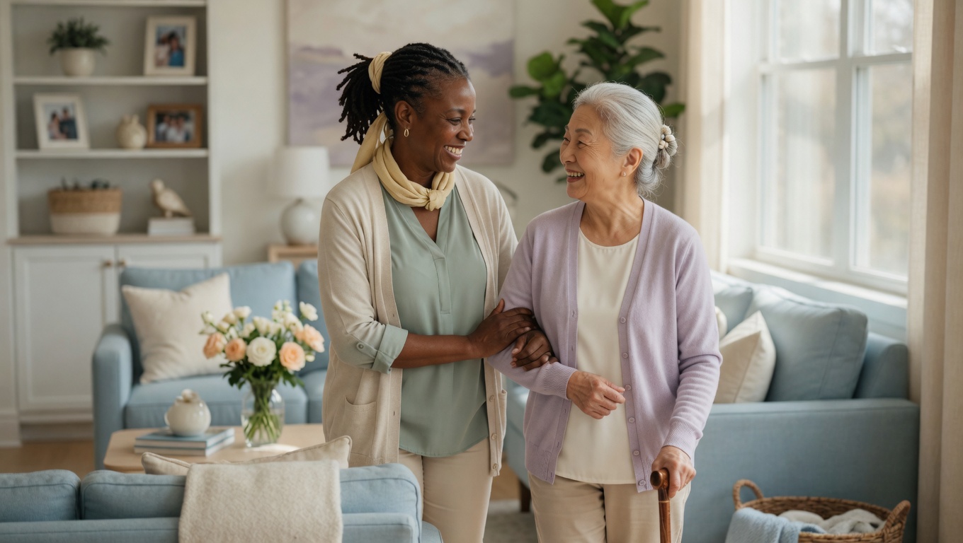 Caregiver and senior sharing a warm, connected moment at home