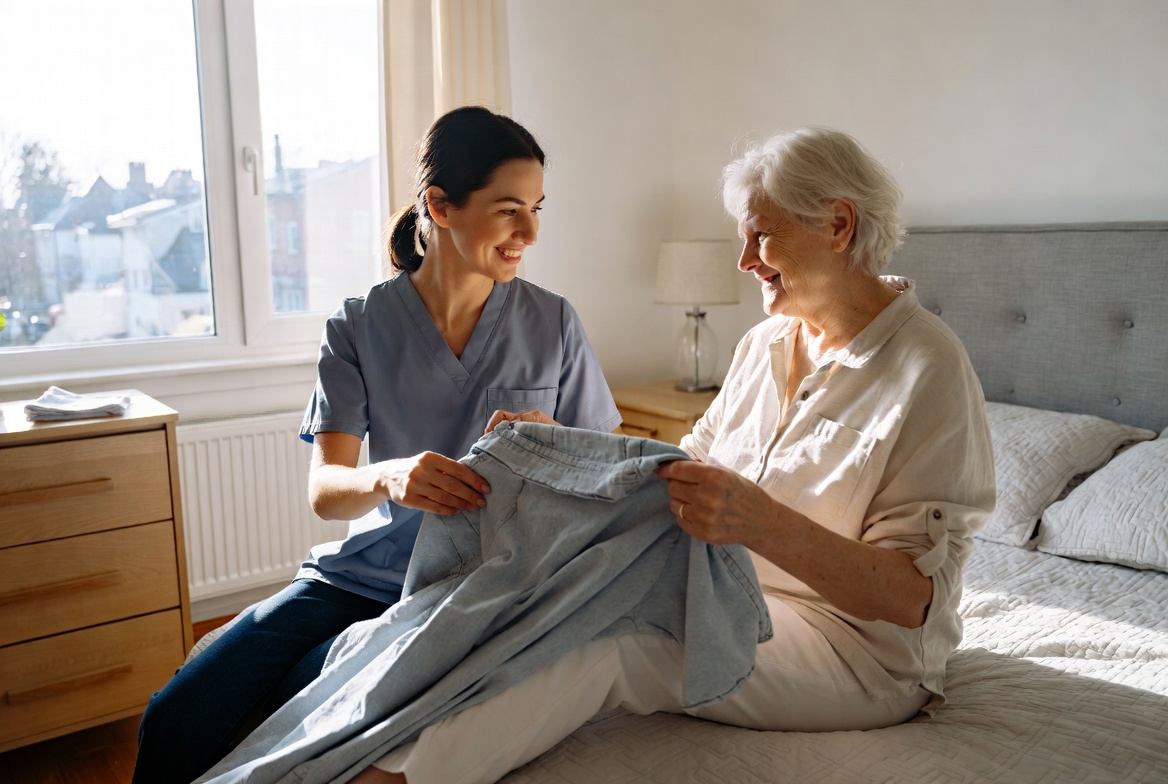 Caregiver and senior woman sharing a warm, joyful moment together in a bedroom