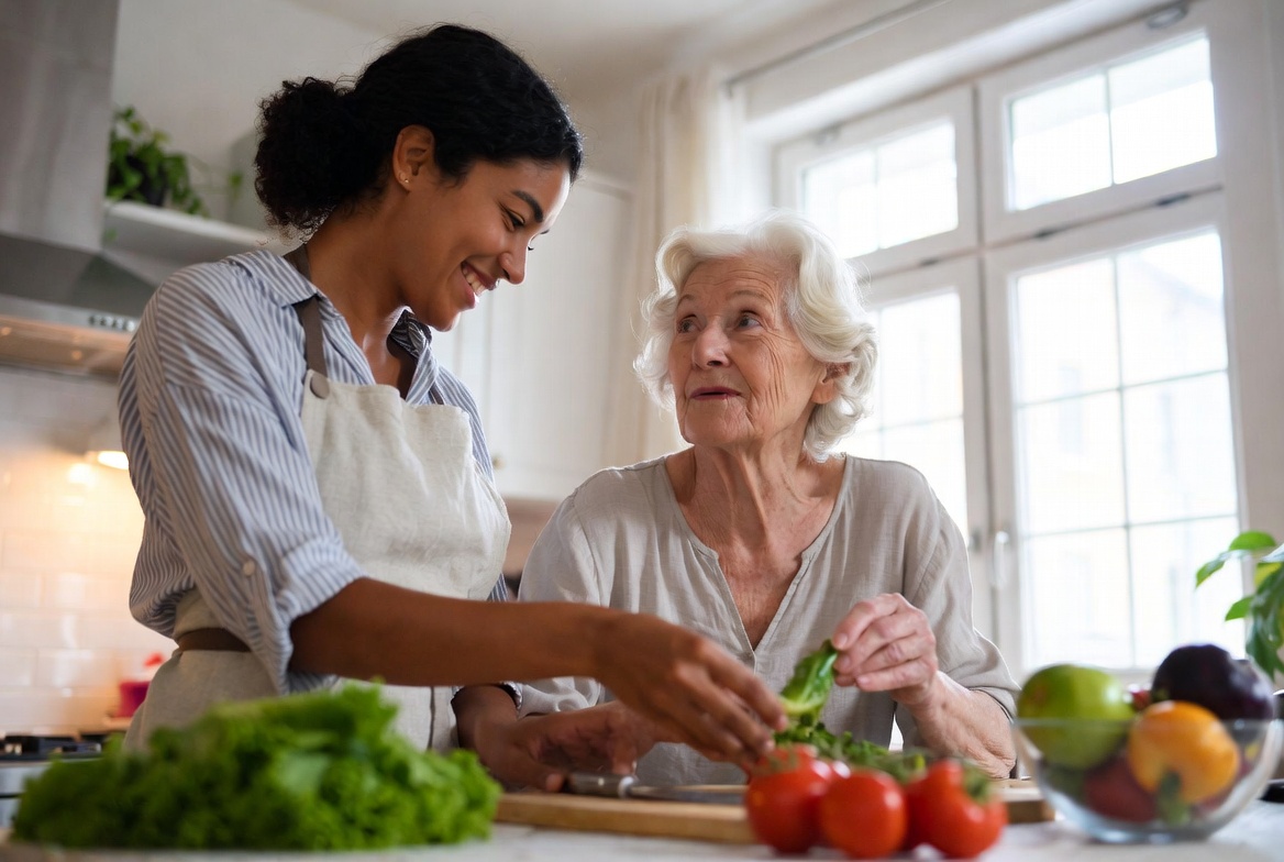 Caregiver helping an older woman in a bright home kitchen
