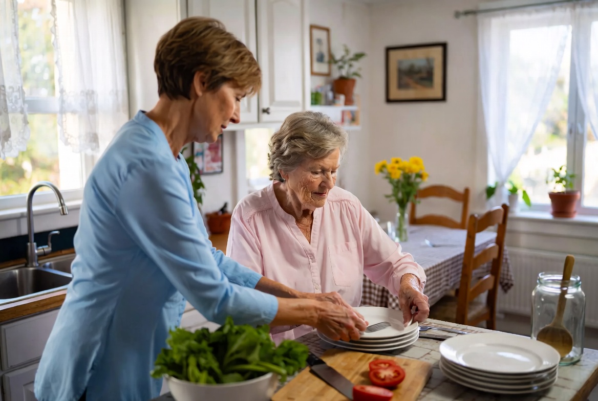 Caregiver arriving at a senior client's home, greeted warmly at the front door