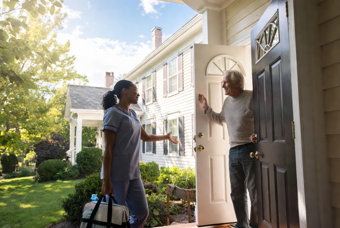 Caregiver gently supporting an older woman with a cane in a bright living room